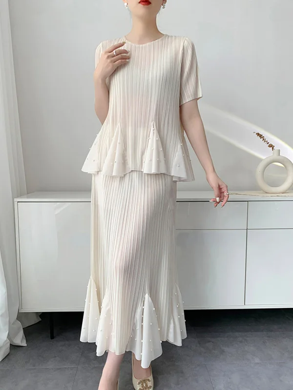 

Sweet Embellied Pleated High Waist Skirt And Top Set Women's Summer New Sle Fairy T Reducing Age Top High Waist F...
