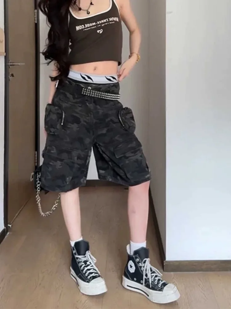อเมริกันวินเทจฮิปฮอปล้างกางเกงคาร์โก้หญิงฤดูร้อน Hottie หลายกระเป๋ากางเกงครอปเกาหลีแฟชั่นการออกแบบสบายๆกางเกงใหม่
