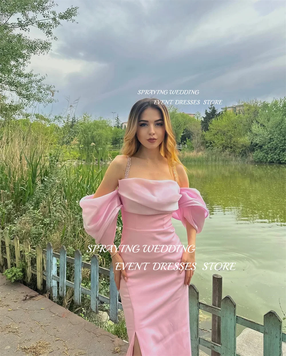 SPRAYING Elegant Pink Satin Strapless Sling Evening Dress Floor-Length Long Prom Dress Straight Side Slit Formal Evening Dress