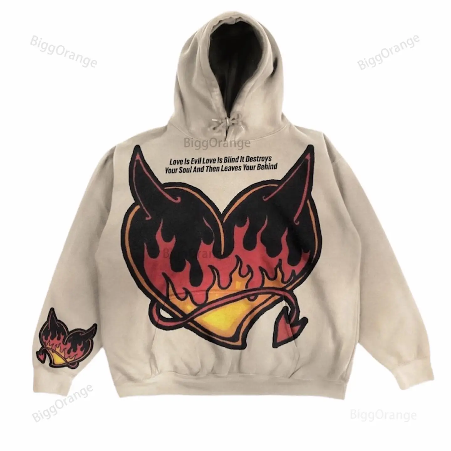 

Pure cotton high-quality apricot heart-shaped flame pattern printed hoodie, high street loose fitting men's and women's hoodie