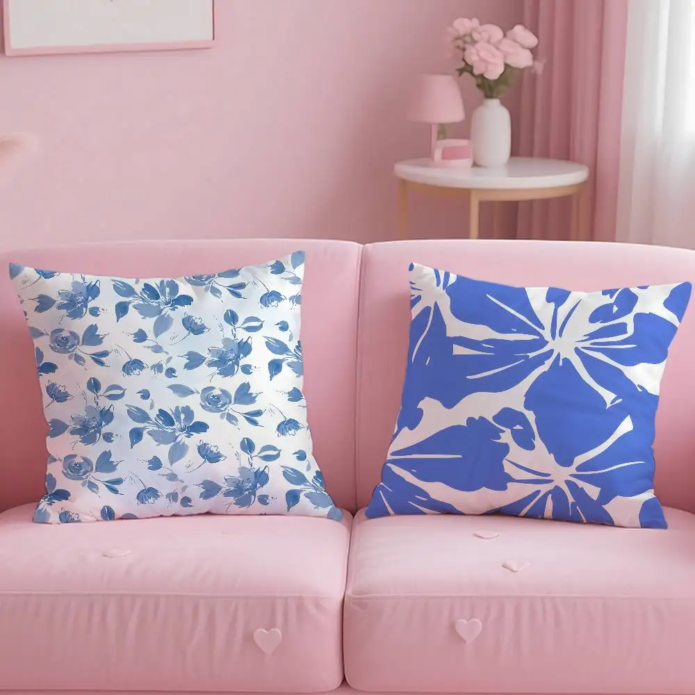 E-Elegant Blue Floral Anime Pillow Case Comfort Sofa Bed Silky elegant Invisible zipper Custom Decorative cushion cover