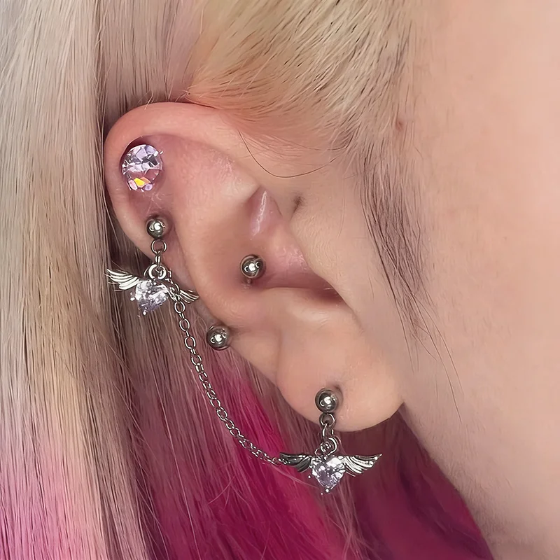 1Pcs Sliver Color Crystal Heart Wings Stud Earrings for Women Ear Clip Tassel Chain Charm Y2K Puncture Jewelry Daily Accessories