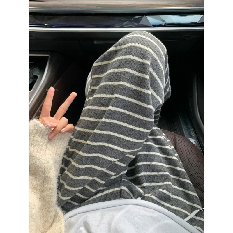 Grey Striped Knit Casual Sweatpants Women's Autumn New High-Waisted Draped Loose-Fit Versatile Wide-Leg Straight-Leg Pants