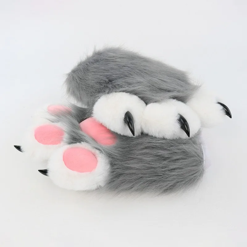

2026Faux Fur Plush Furry Cat Claw Gloves Fursuit Animal Fox Paws Mittens Halloween Cosplay Costume Accessories for Adult