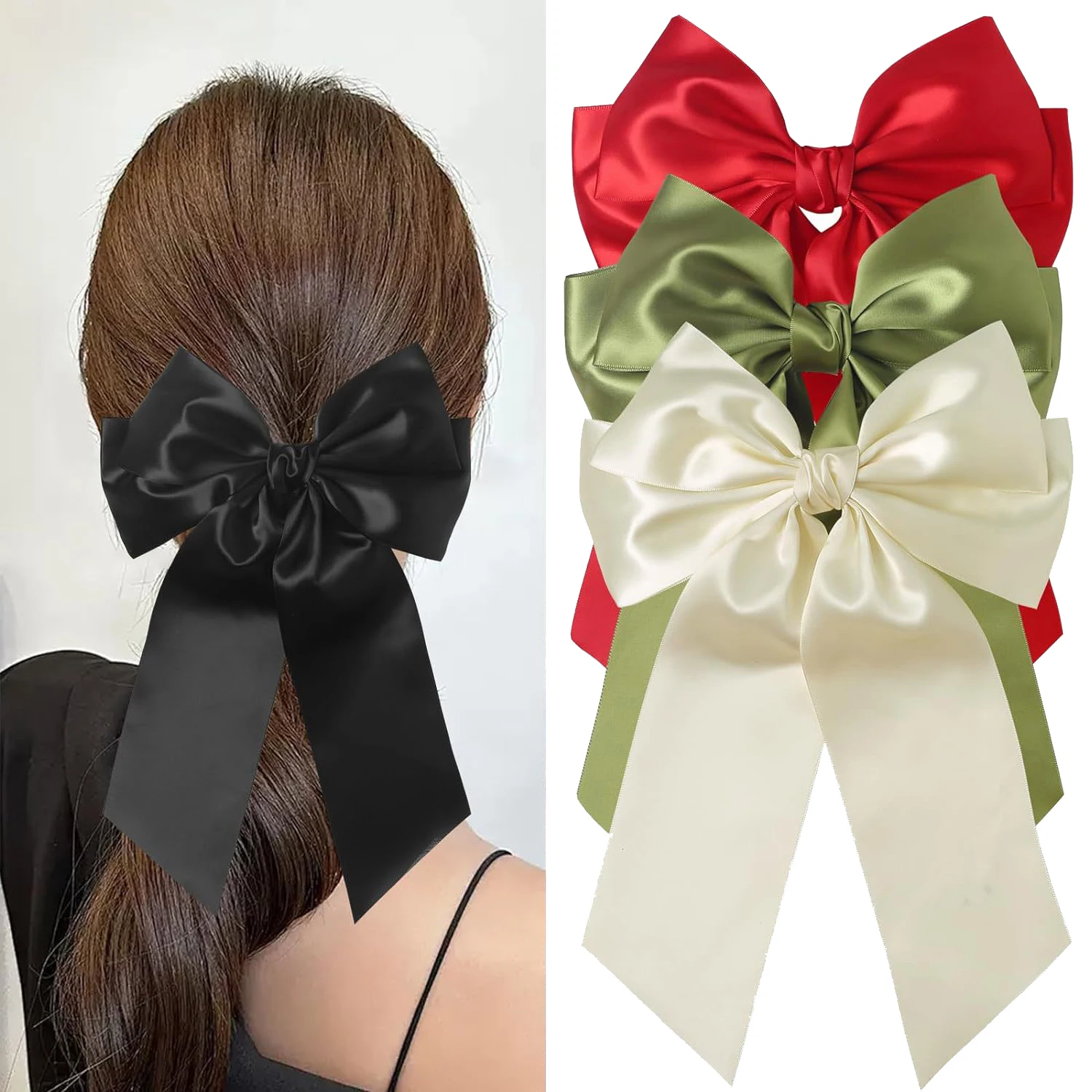 

3/6pcs Girls Large Bow Silky Satin Hairpin Plain Color Bows Headwear Princess Hair Accessories French Style Hair Clip