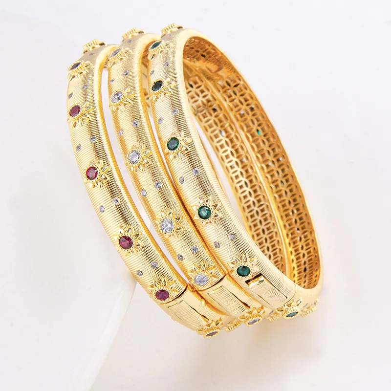 

Italy Vintage Fashion 14K 18K Real Gold Emerald Ruby Sapphire Diamond Designer Cuff Bangles Bracelets For Women Dropshipping