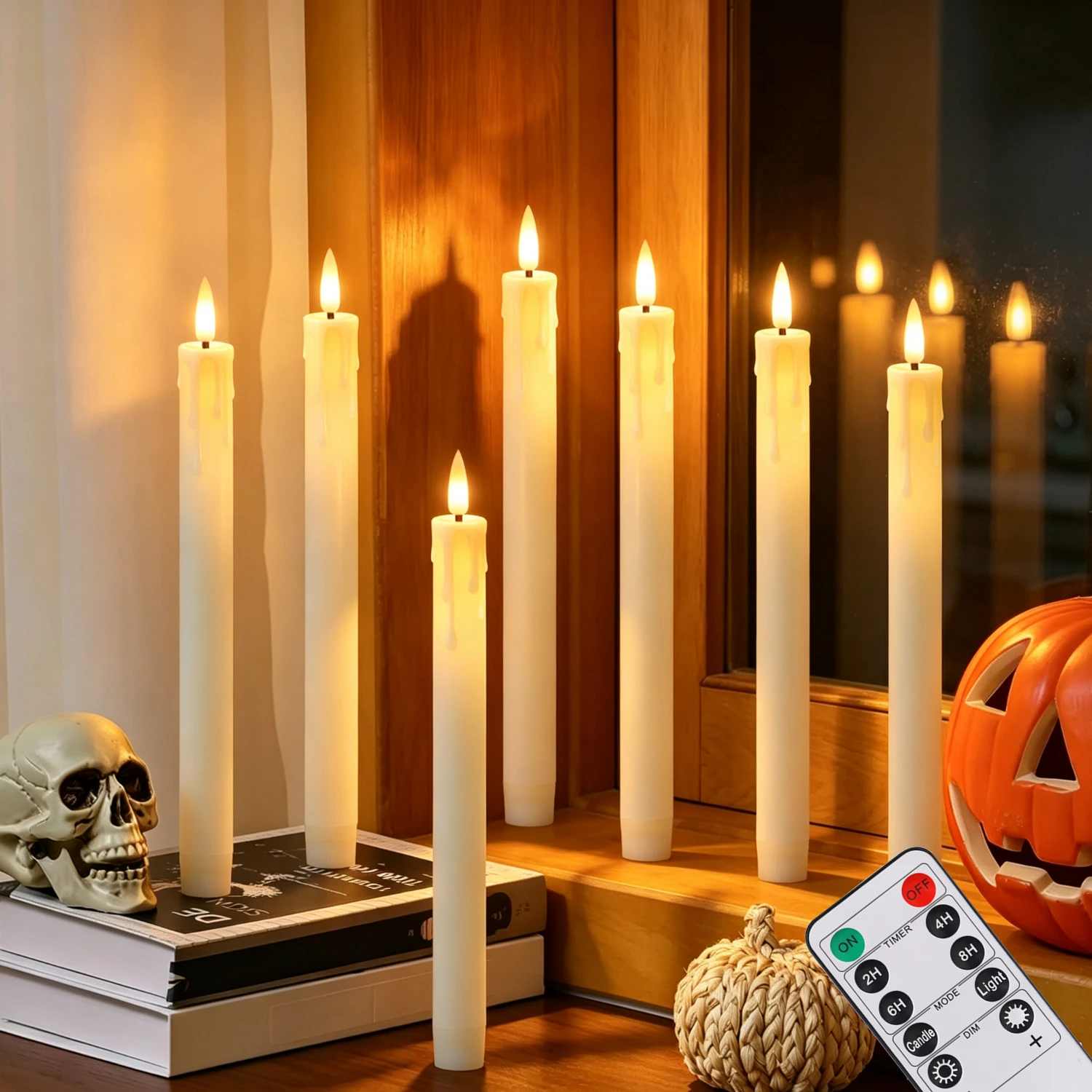 6 Pcs Flameless Taper Candles Table Home Decor Candle Battery Operated Remote Timer LED Candlesticks for Halloween Centerpieces Dinner Table Party Wedding Decor