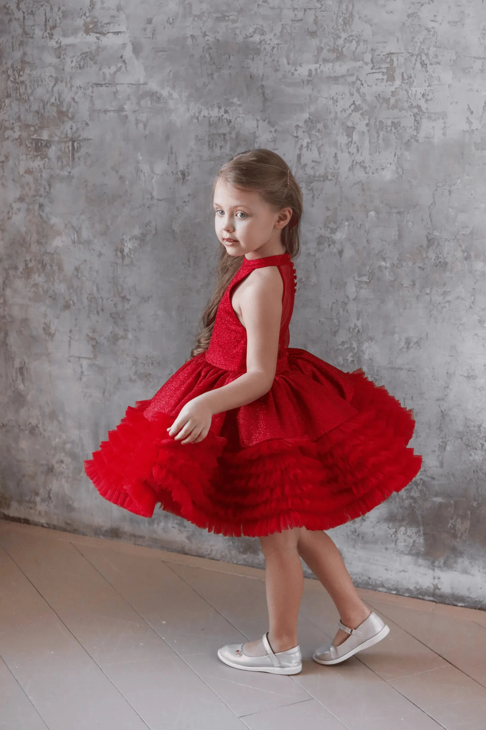 

Customized Red Flower Girl Dress for Wedding Ruffles Knee length Princess First Communion Children Birthday Party Ball Gowns