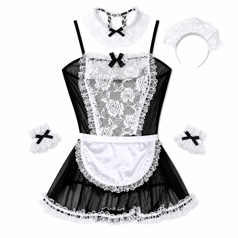 Crotchless Lace Chemise cute Maid Uniform Cosplay Lingerie Women Dress Exotic Nightwear Roleplay Outfit Set Fancy dress