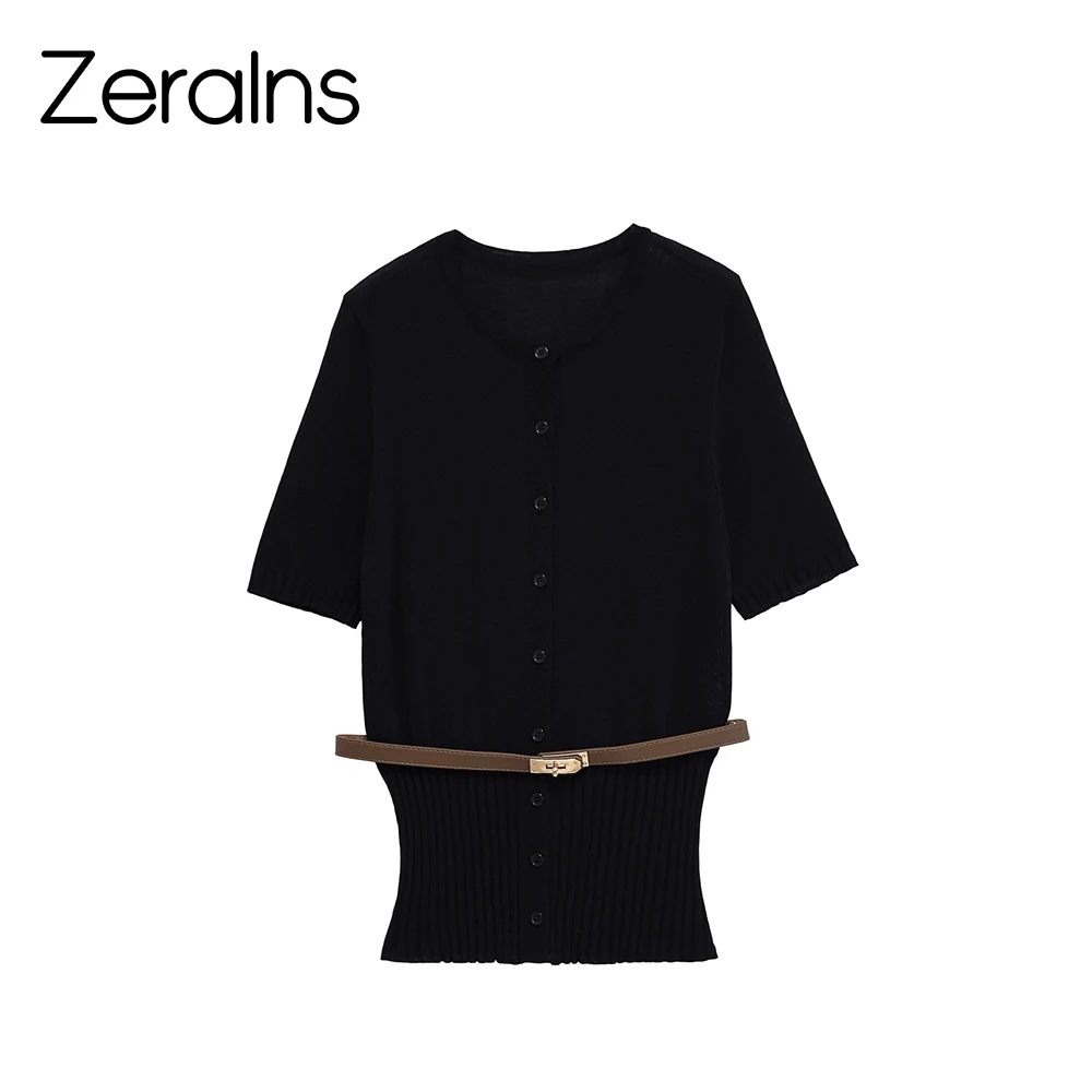 

ZERAINS Autumn new women's casual temperament simple round neck short sleeved belt knitted jacket