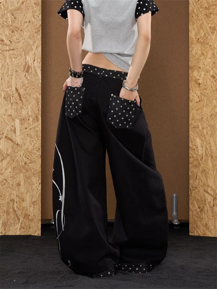 Women's Alphabet Print Pattern Wide Leg Sweatpants Hiphop Trousers Cool Girl Street Bottoms Female High Waist Casual Black Pants