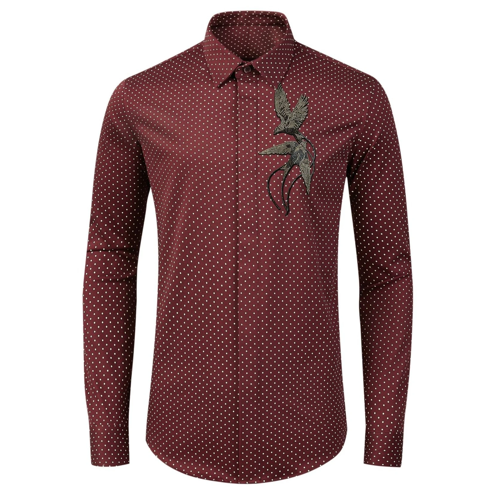 

Handmade Beaded Polka Dot Shirt Men Cotton Long Sleeve Casual Business Dress Shirts Social Banquet Party Stage Performance Shirt