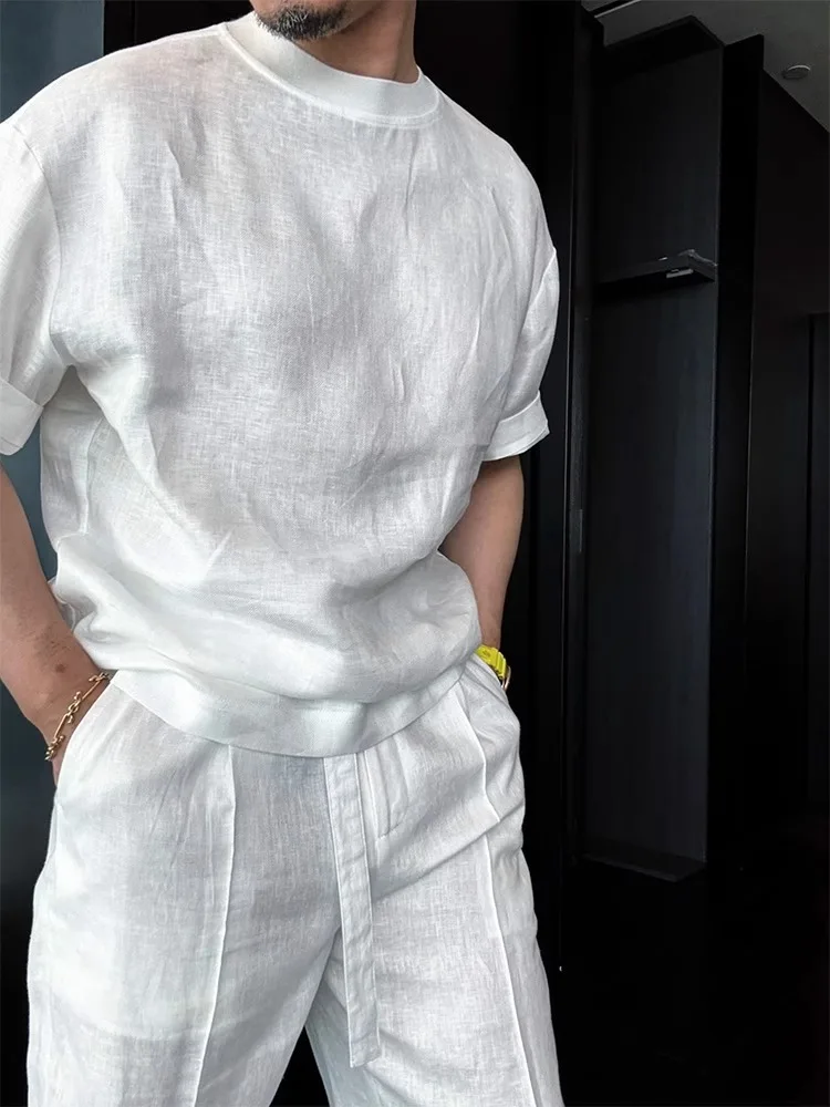 

Cotton Linen Casual Set Men Summer Cool Haome Match Loose ort Sve Long Pants Whole Set Youth Faion T-irt