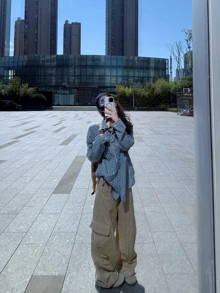 قميص كاروهات أزرق فضفاض للنساء، موديل خريف 2025 الجديد، أسلوب كوري كسول، متعدد الاستخدامات، يظهر الشباب، قميص وجاكيت للارتداء...