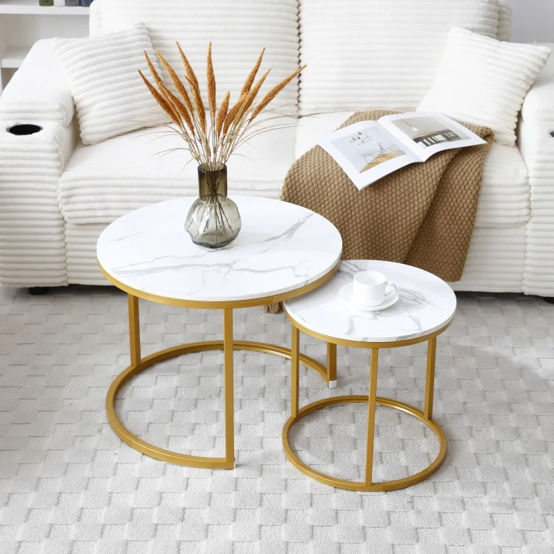 Set 2 Coffee Table Nesting White and gray top Golden Frame Circular Round and Marble Pattern Wooden Tables, Living Room Bedroom