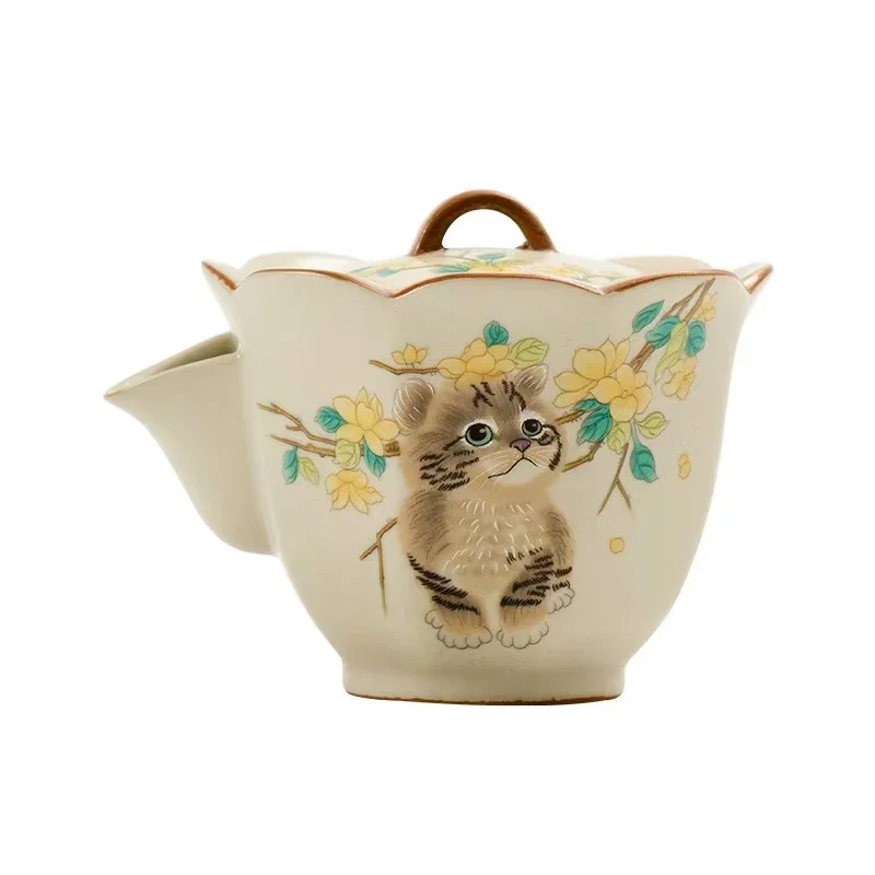 100ML Cute Cat Flower Mouth Hand-scratching Pot Small Brewing Teapot Ru Kiln Opening Can Raise Household KungFu TeaSet Tea Items