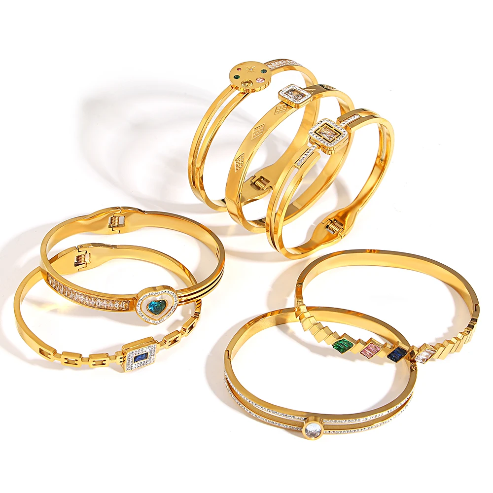 

Freetry Elegant Rhinestone Stainless Steel Round Bracelet for Women Retro Hollow Irregular Spring Open Bangle Waterproof Jewelry