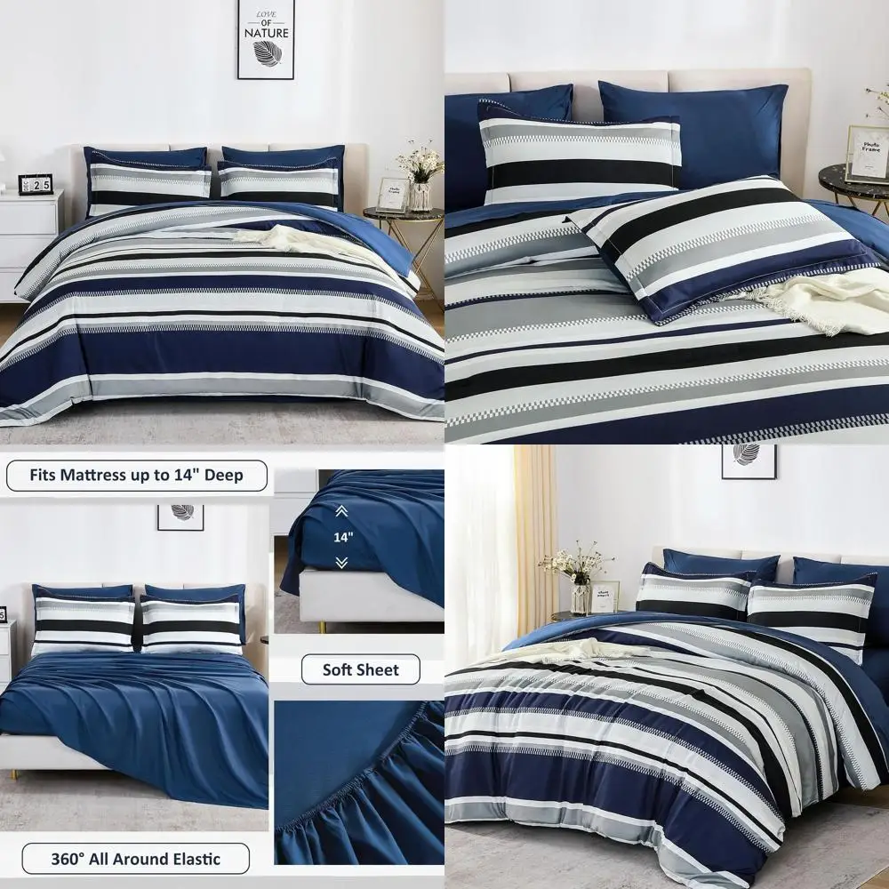 

Комплект постельного белья из 7 предметов с синими полосками для кровати размера Queen: одеяло, простыни, наволочки и декоративные наволочки.
