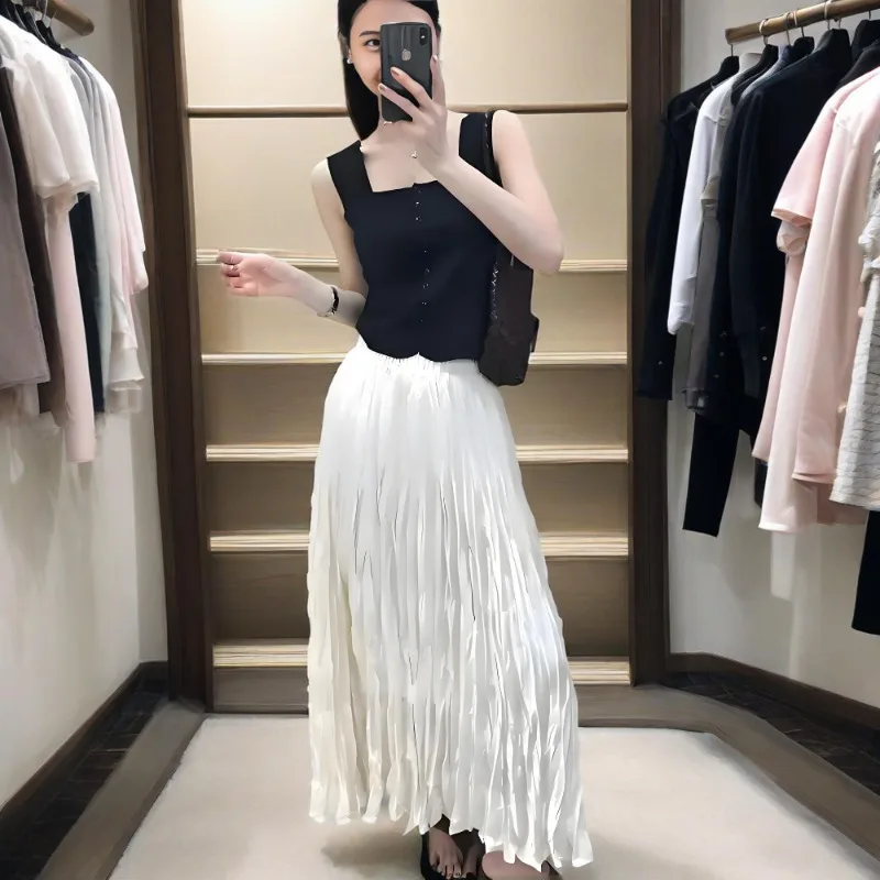 

Miyake Pleated Half Skirt French Glossy Pure Satin Pleated Half Skirt High Fashion High Waist Mid-Length Half Skirt Clothing