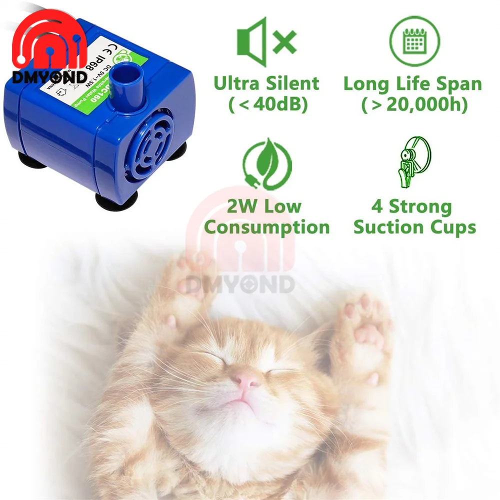 5V DC USB Water Pumps 15W Mini DIY IP68 Low Noise Motor Pump Accessories DR-DC160 for Pet Cat Drinking Bowl Water Dispenser Pet