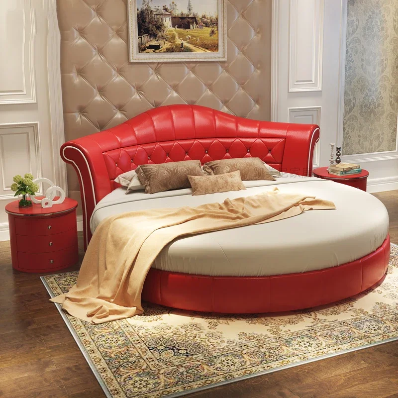 Cute Double Headboard Twin Bed Modern Red Color Leather Round Twin Bed Princess Hotel Letto Matrimonile Bed Room Furniture