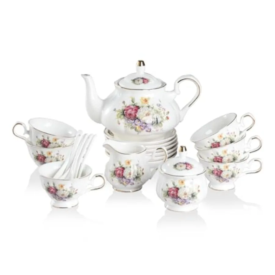 

Porcelain Tea Set Vintage Floral British Relief Gold Rim Teapot Cup and Saucer Sets 22-Piece Tea Sets for Adults with Teapot Su