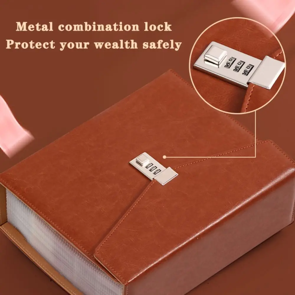 PU Leather Money Savings Binder Large Capacity 1000 Pockets Cash Storage Book with Combination Lock Savings Challenge Book