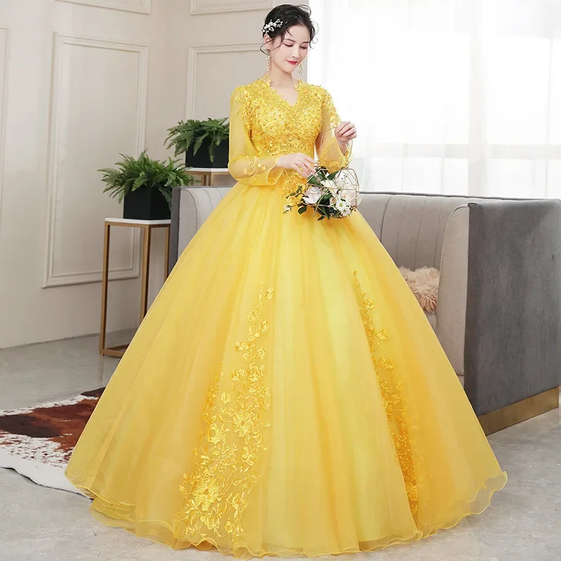 Evening gown stage solo Bel Canto students art test long sleeve dress toasting dress pompadour dress annual performance