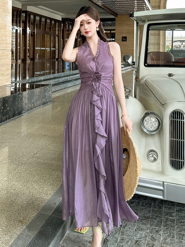 Summer Purple Sweet Ruffle Vacation Evening Dress Women Clothes Elegant Sexy Halter Backless A-Line Long Robe Party Prom Vestido