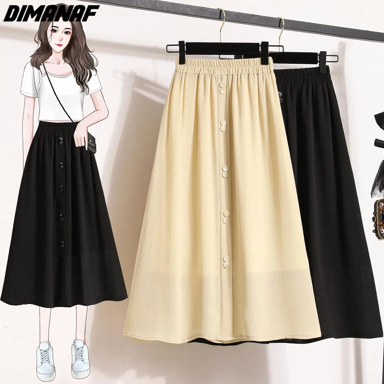 Dimanaf 2024 Summer Women Skirts Plus Size Casual Elastic Waist Solid Long Skirts Vintage Loose Chiffon 5XL