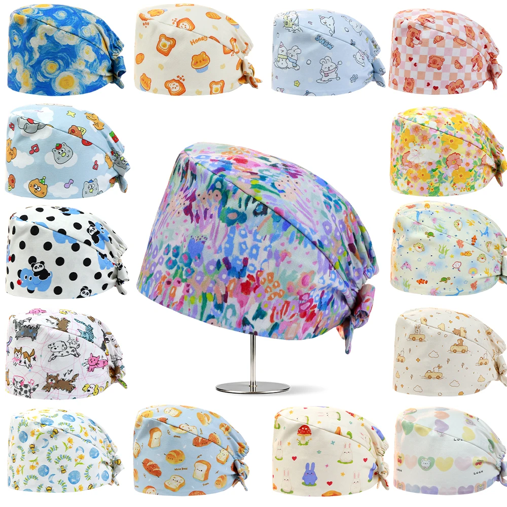 Wholesale Floral Clusters Pattern Surgical Scrub Caps Cartoon Nursing Headwear Adjustable Short Hairs Dentist Hats K1325