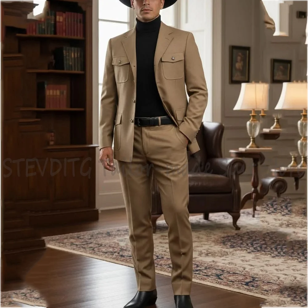 

Khaki Men Suit Set 2 Piece Notch Lapel Multi-Pocket Blazer Pants Safari Style VIntage Formal Outfit for Business Office Work
