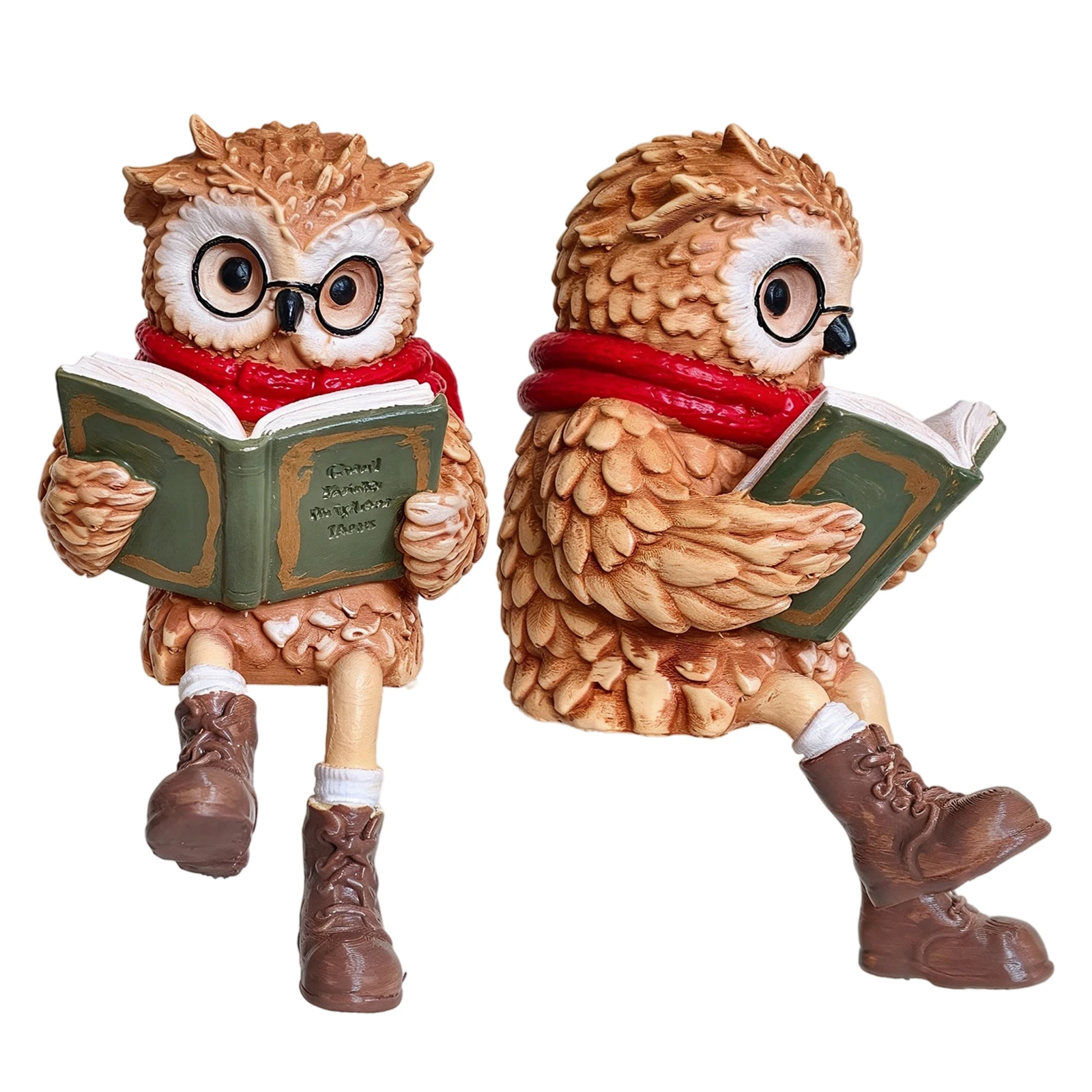 Sitting Reading Owl Resin Figurine Dangling Boots Scarf Glasses Handcrafted Shelf Sitter Bookshelf Home Decor 7.87in