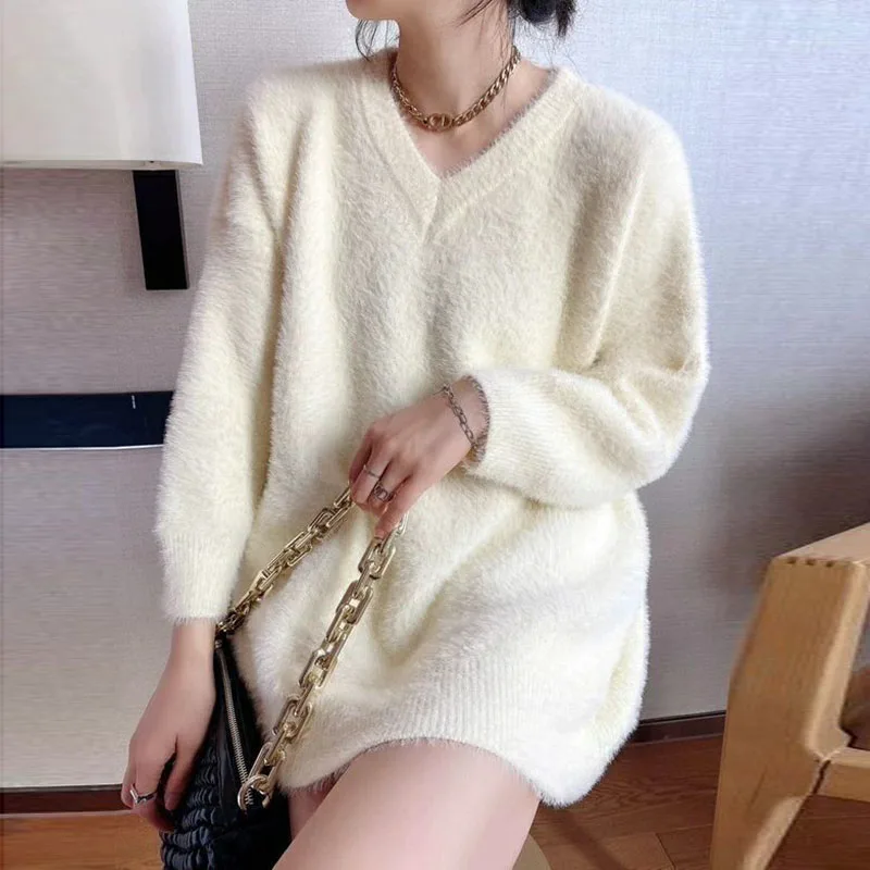 

Imitation Mink Fleece V-Neck Female Sweater 2023 Autumn Winter Fashion Women Sweater Casual Loose Thick Warm Pullover Sweater