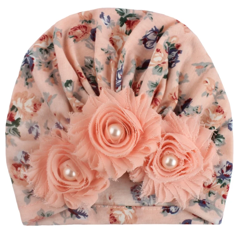 

Baby Accessories Newborn Infant Kids Baby Boy Girl Indian Turban Wrinkles Cotton Beanie Hat Pearl Flower Solid Soft Elastic Cap