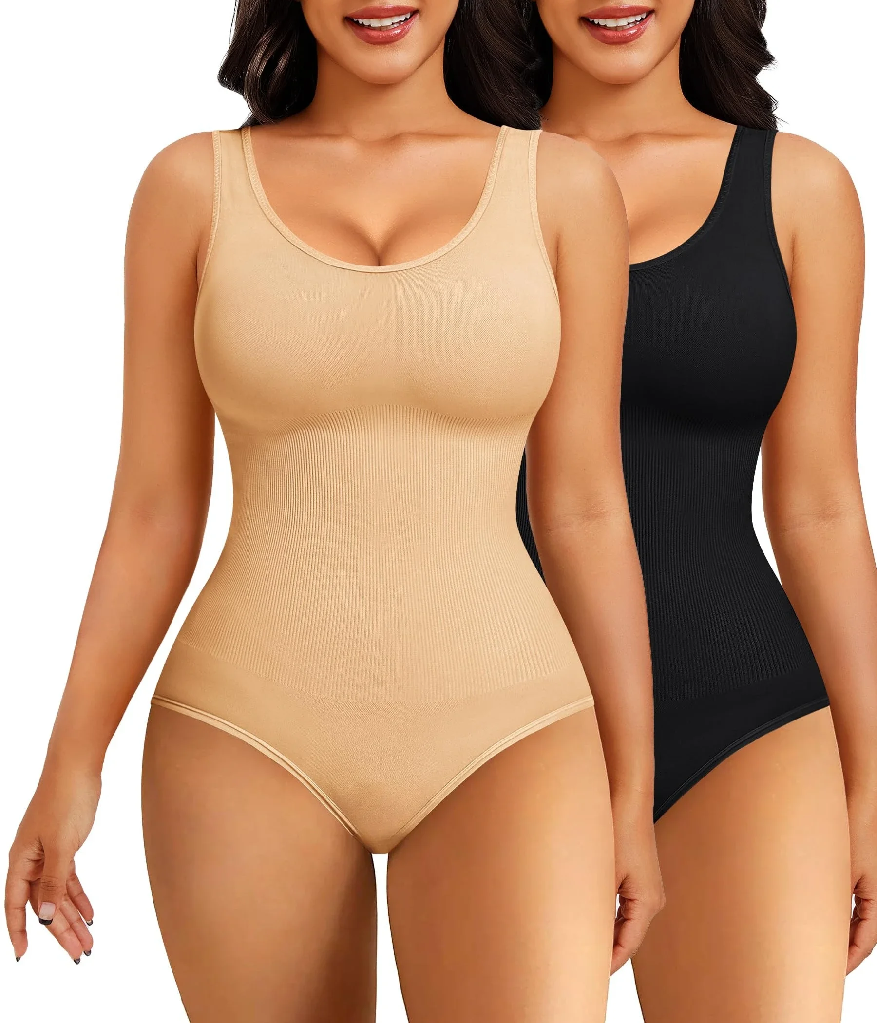 

2Pcs Women Sexy Slimming Seamless Shapewear Bodysuit Tummy Control Butt Lifting Bodysuit U-Shape Sleeveless Backless Shapewear
