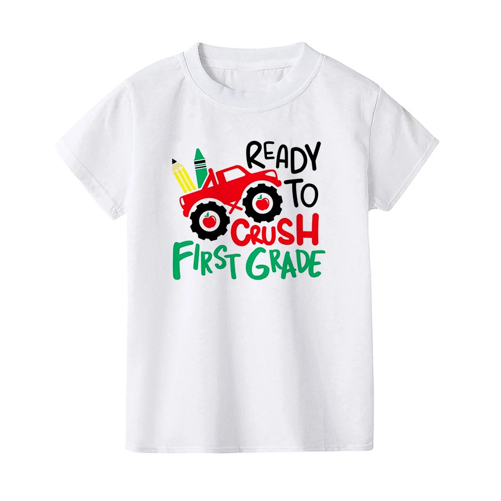 Ready To Crush First Grade Kids Short Sleeve Tshirt Elementary School Student Tshirt Funny Truckprinted Back To School T-Shirt