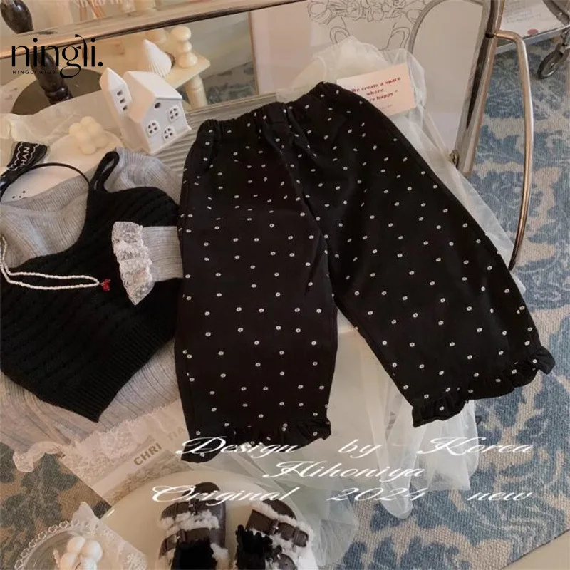 

Korean Children's Clothing2024Spring and Autumn New Black Polka Dot Floral Lace Wide-Leg Pants Babies' Trousers