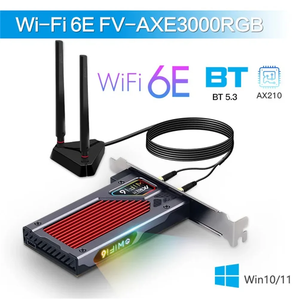 Беспроводной адаптер fenvi Wi-Fi 6e Intel AX210 PCIe, Bluetooth 5,3 AX210NGW, Wi-Fi сетевая карта 2,4G/5G/6 ГГц RGB 802.11ax Windows 10