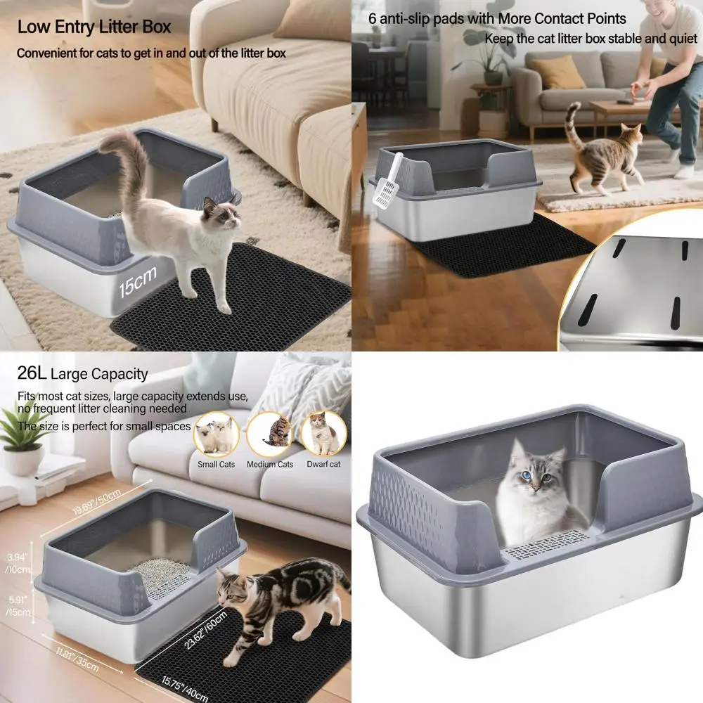 

Stainless Steel Covered Litter Box with Mat and Scooper, Ideal for Kittens and Senior Cats
