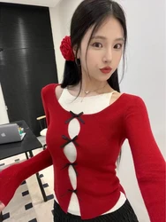 Women Long Sleeve Slim Fit Tees Y2K Sweet Cute Bow Hollowed Knitted Crop Tops 00s Retro Aesthetic Kawaii Korean T-shirt Clothes