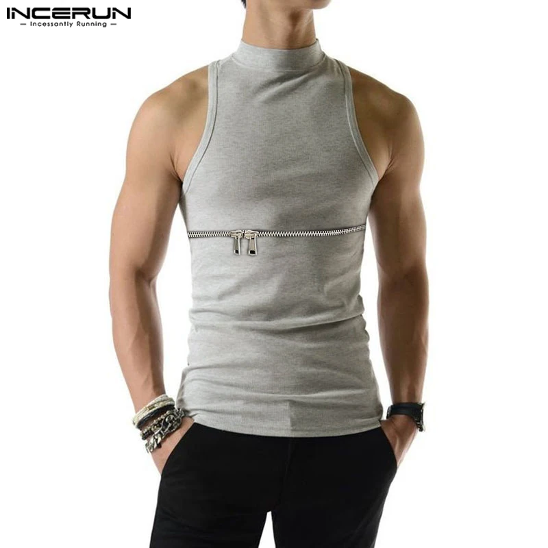 INCERUN Men Tank Tops Solid Color Turtleneck Sleeveless Knitted Casual Vests Streetwear Summer 2023 Fashion Leisure Men Clothing