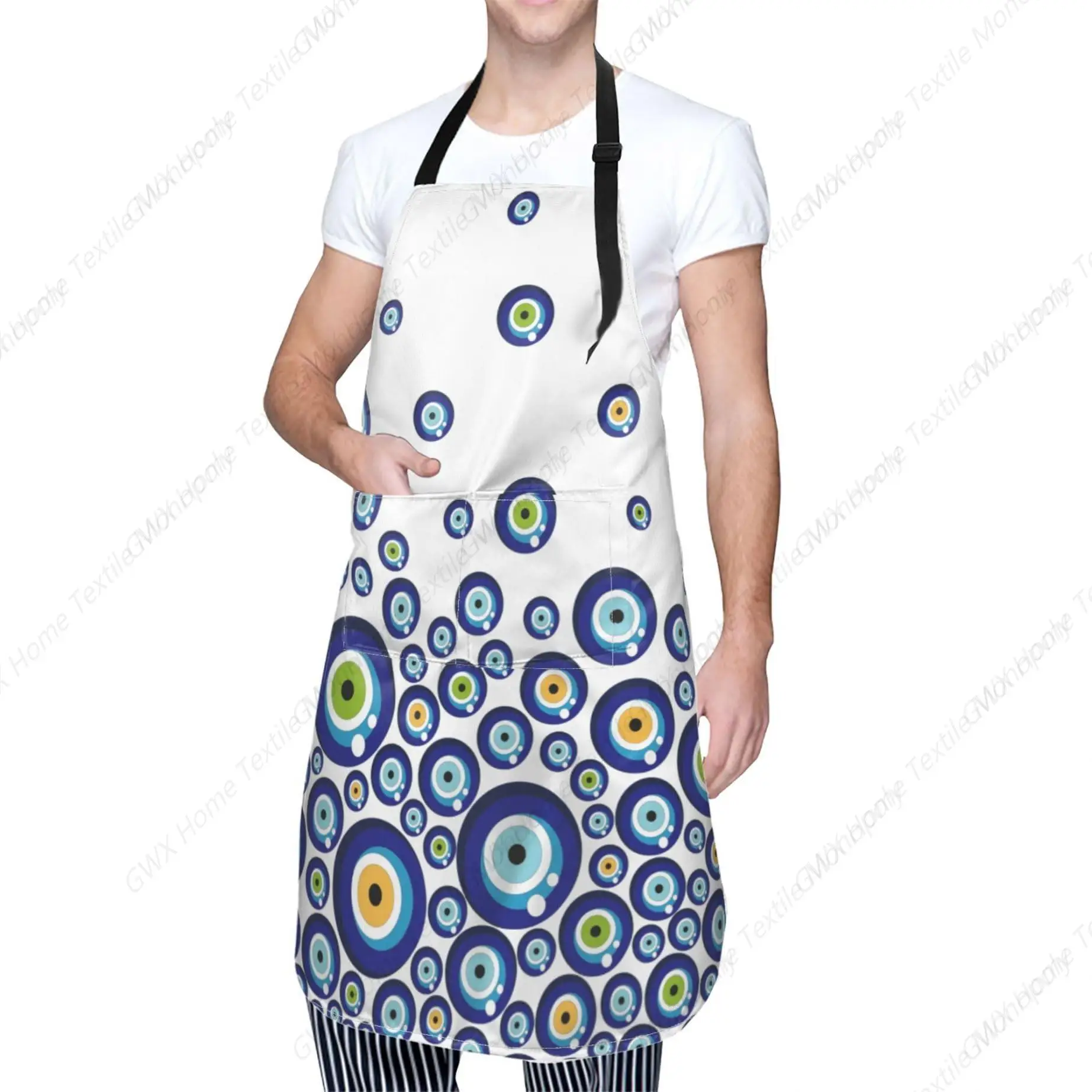 Delantal de cocina con bolsillo para hombre y mujer, mandil de tela Oxford con diseño de ojo de pavo azul, babero ajustable