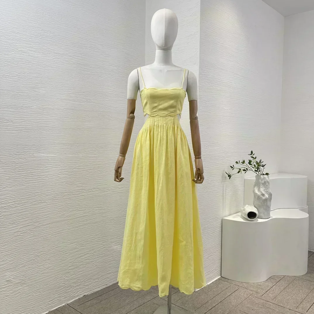 

2024 New High Quality Linen Yellow Backless Sleevless Sling Lace-up A-line Women Midi Dress for Summer Holiday