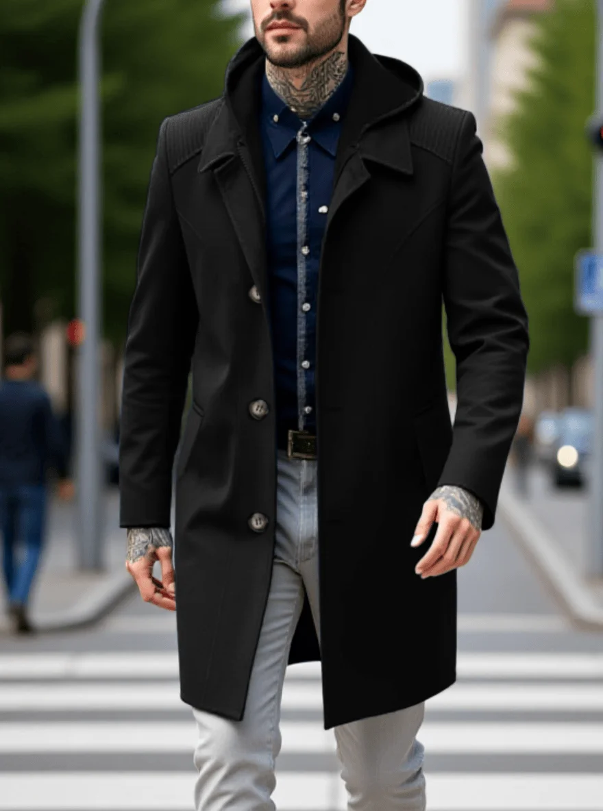 Casaco falso de duas peças, trench coat de inverno, retenção avançada, tendência, zíper e botão, design elegante, urbano, tempo frio, forrado