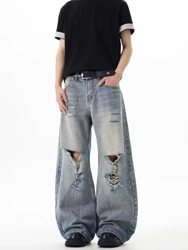 American Retro Washed Hole Bamboo Pattern Jeans Men Women Loose Wide Leg Knife Long Pants Summer Casual Straight Cut Trousers