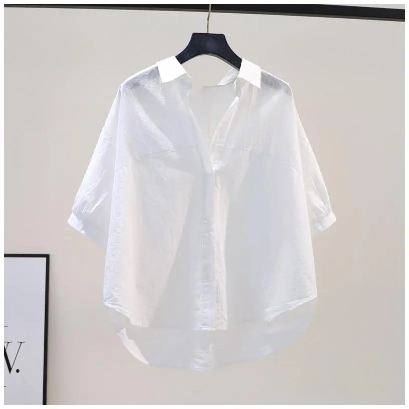 New Summer Short Sleeve Solid Loose Shirts Women Elegant Vintage Harajuku Pure Cotton and Linen Blouses and Casual Tops A86