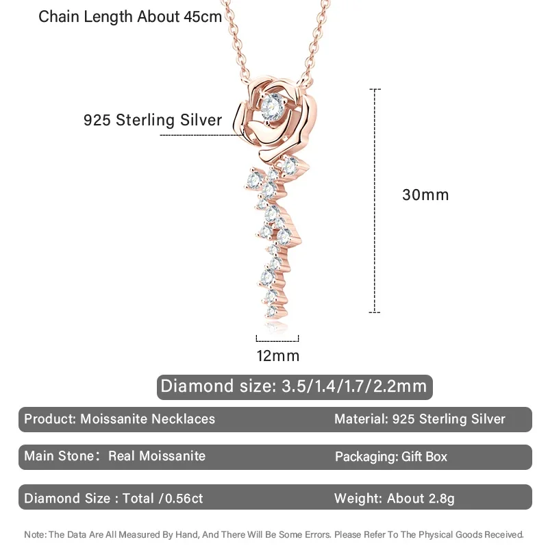 قلائد بدلاية زهرة الورد المويسانيتي للفتيات ، فضة S925 مع شهادة ، مجوهرات الزفاف ، لون دي ، نمط Ins ، CTTW