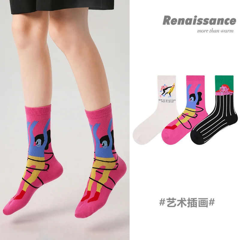 

Abstract Art Pattern Women Colours Socks 3 Pairs Lolita Fashion Illustration Retro Design Combed Cotton Low Tube Socks Wholesale