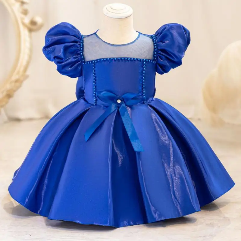 New Girls\' Bead Solid Color Bow Bubble Sleeve Princess Dress Christmas Halloween Birthday Party Fashionable Evening Dress